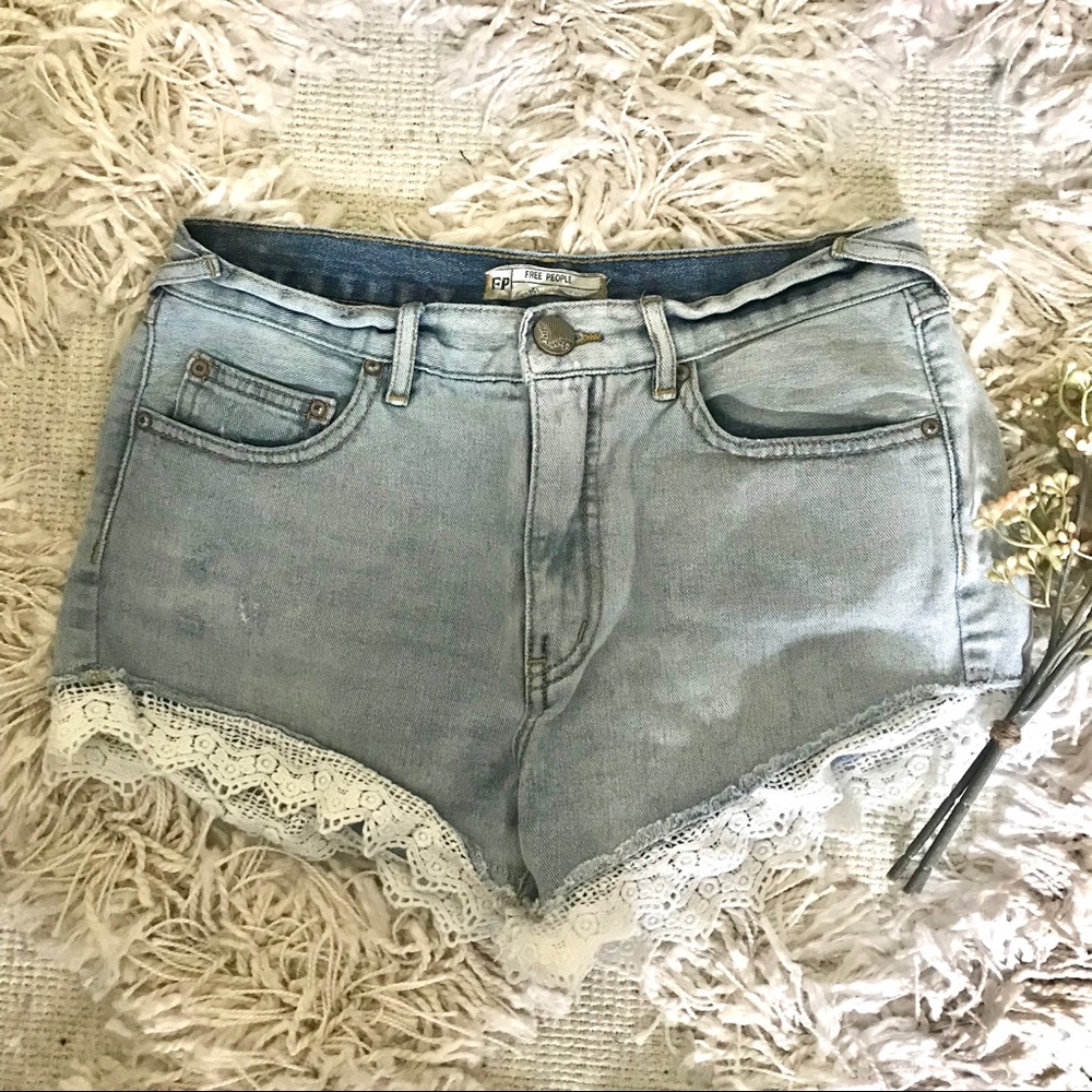 Free People Denim Shorts with Crochet Trim